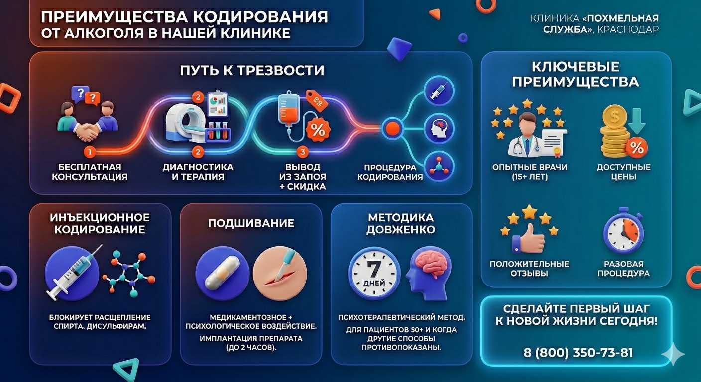 Инфографика о методах кодирования от алкоголя в Локте: инъекции, подшивание, метод Довженко. Преимущества клиники и этапы лечения.